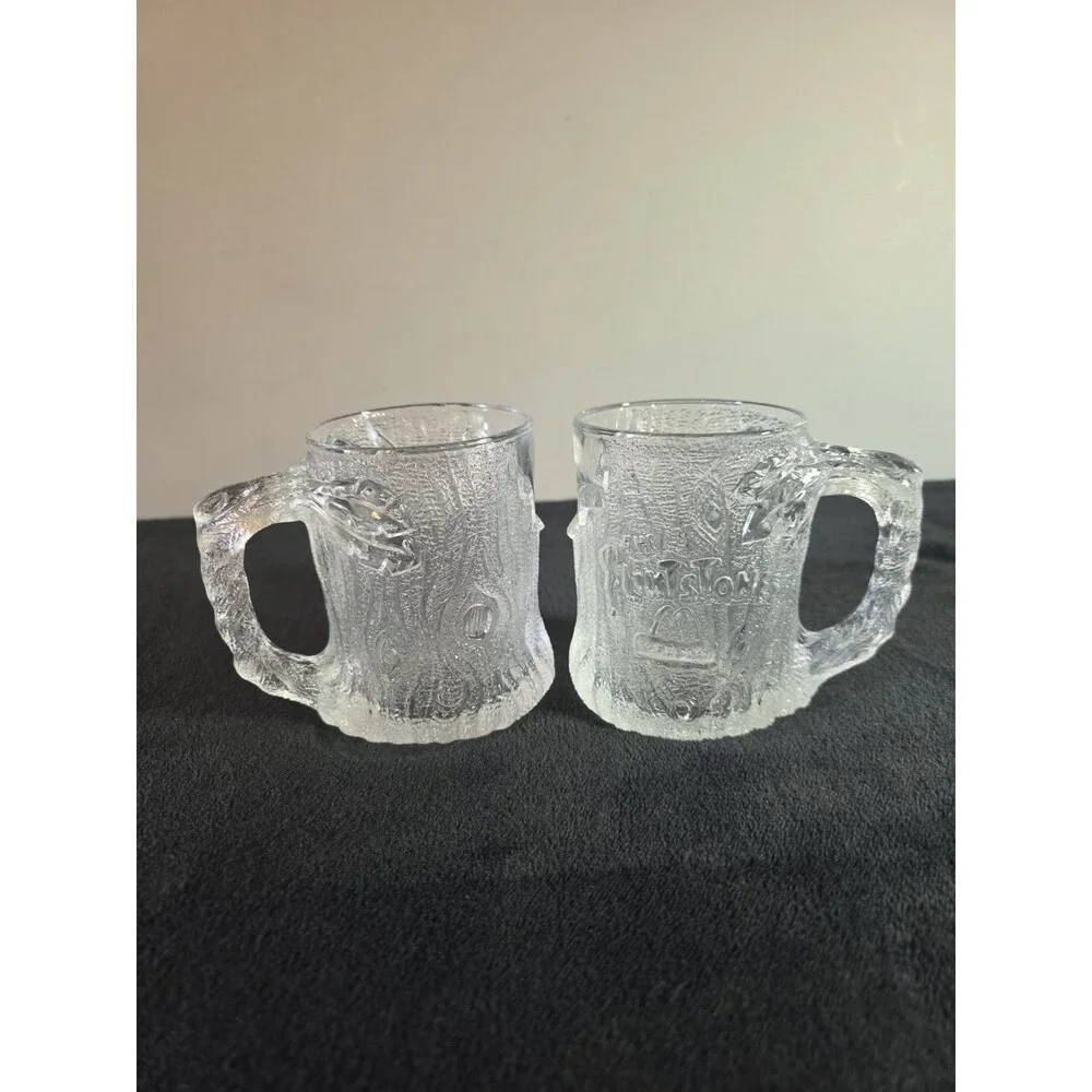 2 McDonalds Flintstones Glass Mug 1993 Clear Frosted TREE MENDOUS MUG RocDonalds
